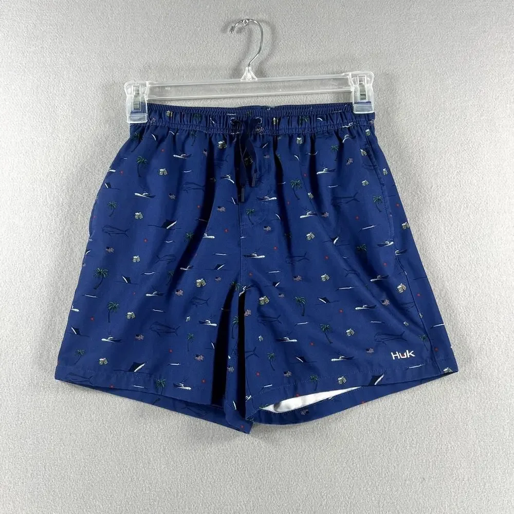 Huk Pursuit Volley Swim Trunks 5.5” Blue W/ USA Boats Mens Size Small